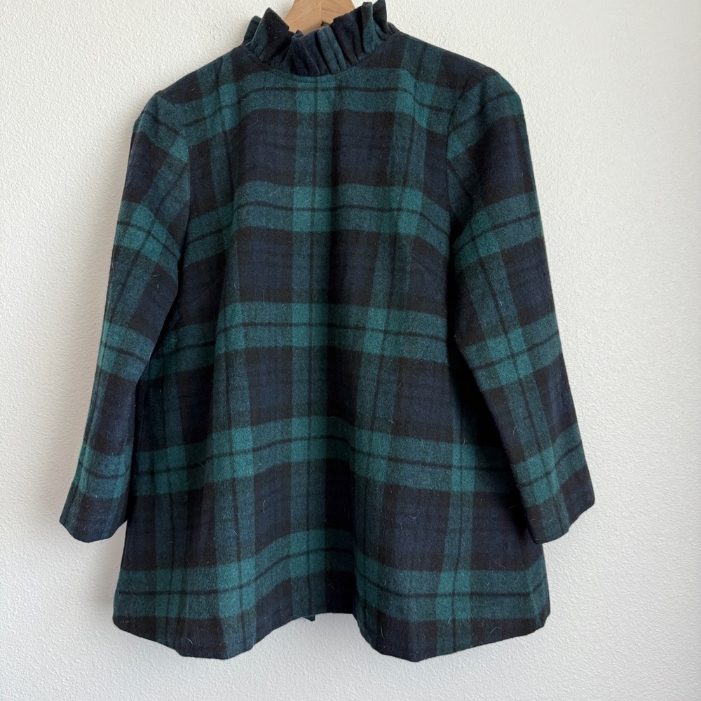 Tuckernuck Green and Black Plaid Ruffle Neck Blouse